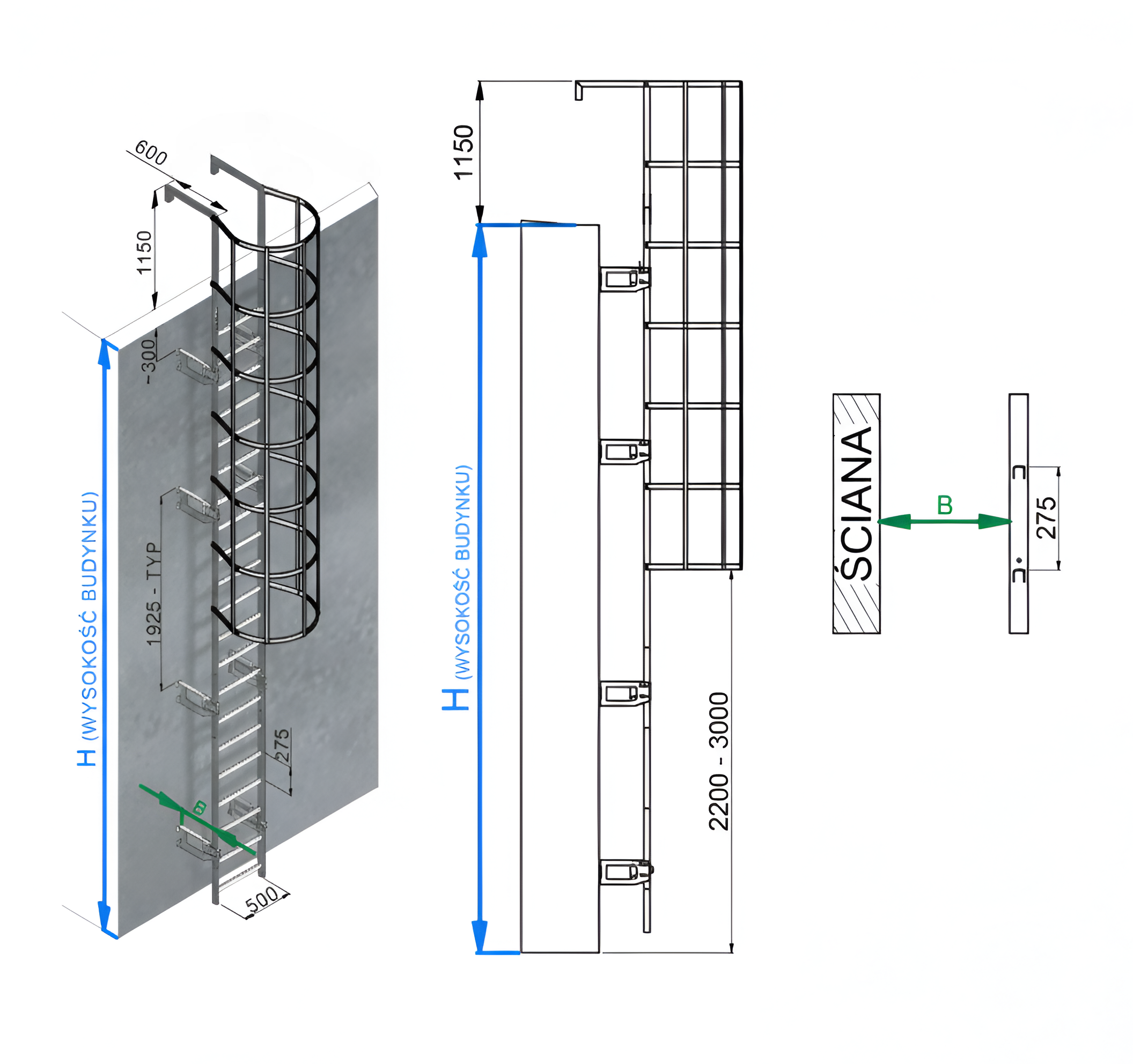 Schemat drabiny pionowej z wymiarami i koszem ochronnym